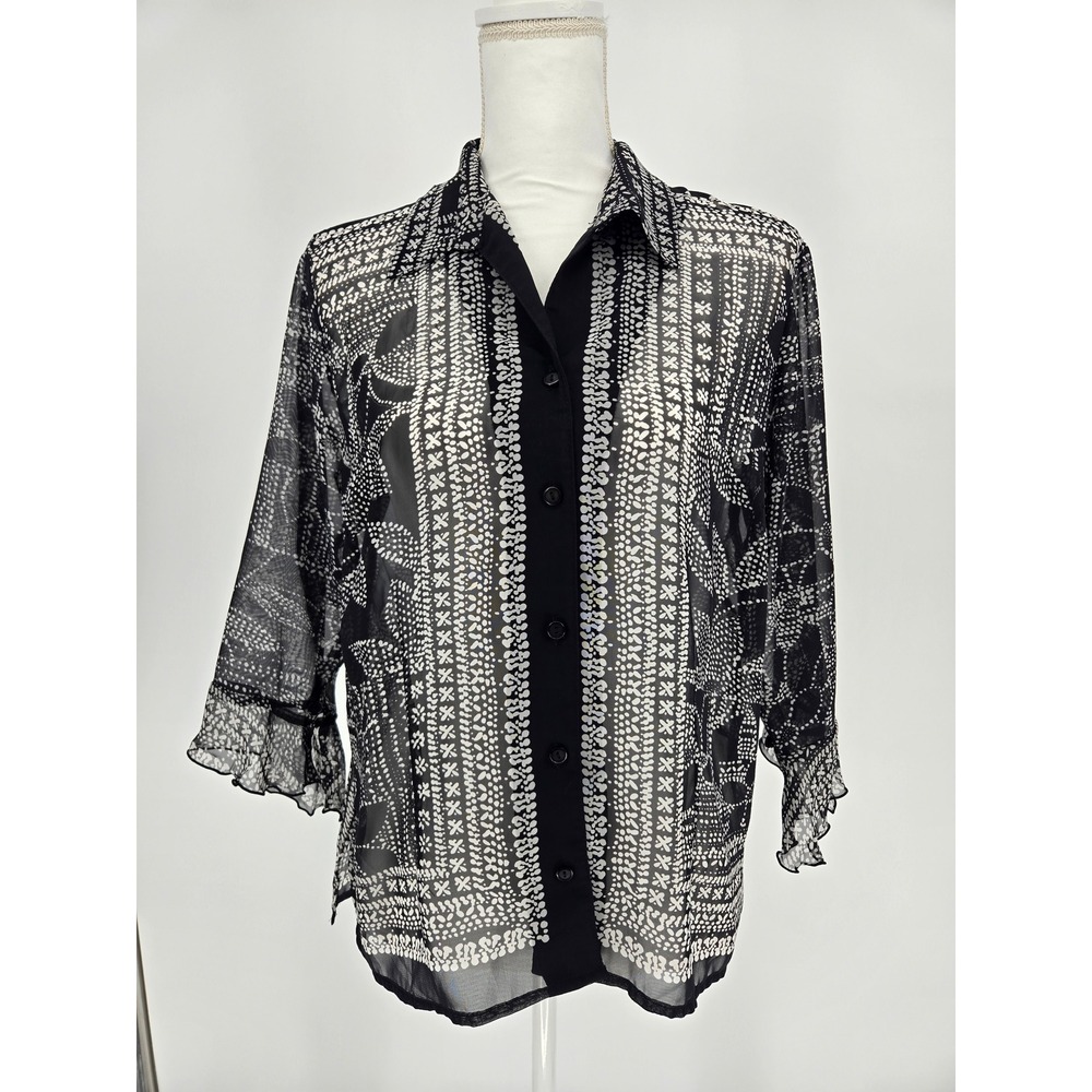Notations Womens Black White Geometric Floral Sheer Button Down Blouse L‎